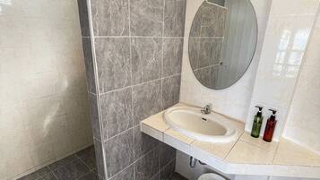 A bathroom with a shower, a sink, a mirror, and a window with decorative ironwork.