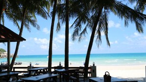 A beachside restaurant with wooden tables and benches, overlooking a sandy beach and turquoise ocean.