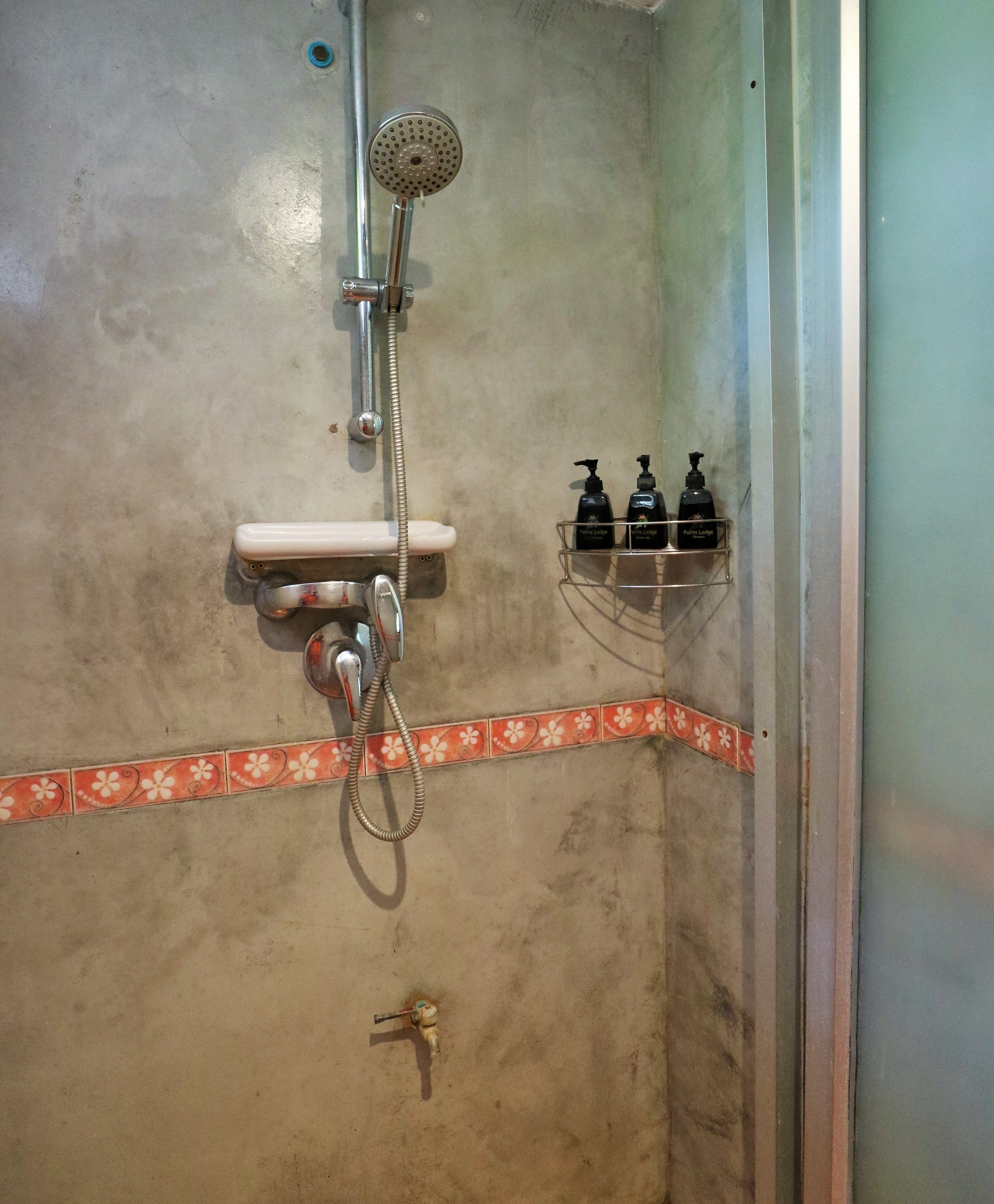A shower with a handheld showerhead, a handheld shower attachment, and a wall-mounted showerhead. There are two bottles of shampoo and conditioner on a shelf.