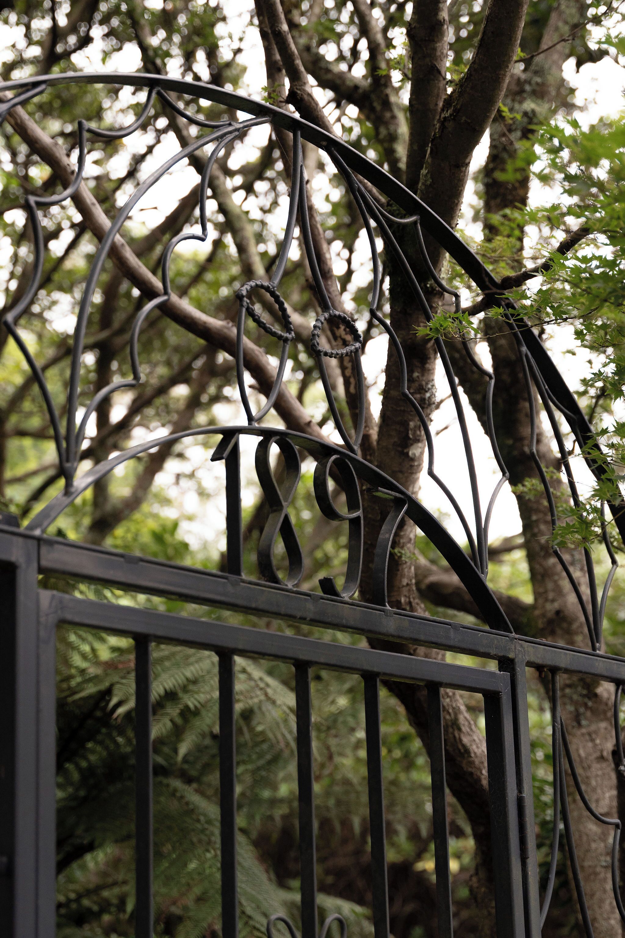 A wrought iron gate with intricate designs, set against a backdrop of trees and foliage.