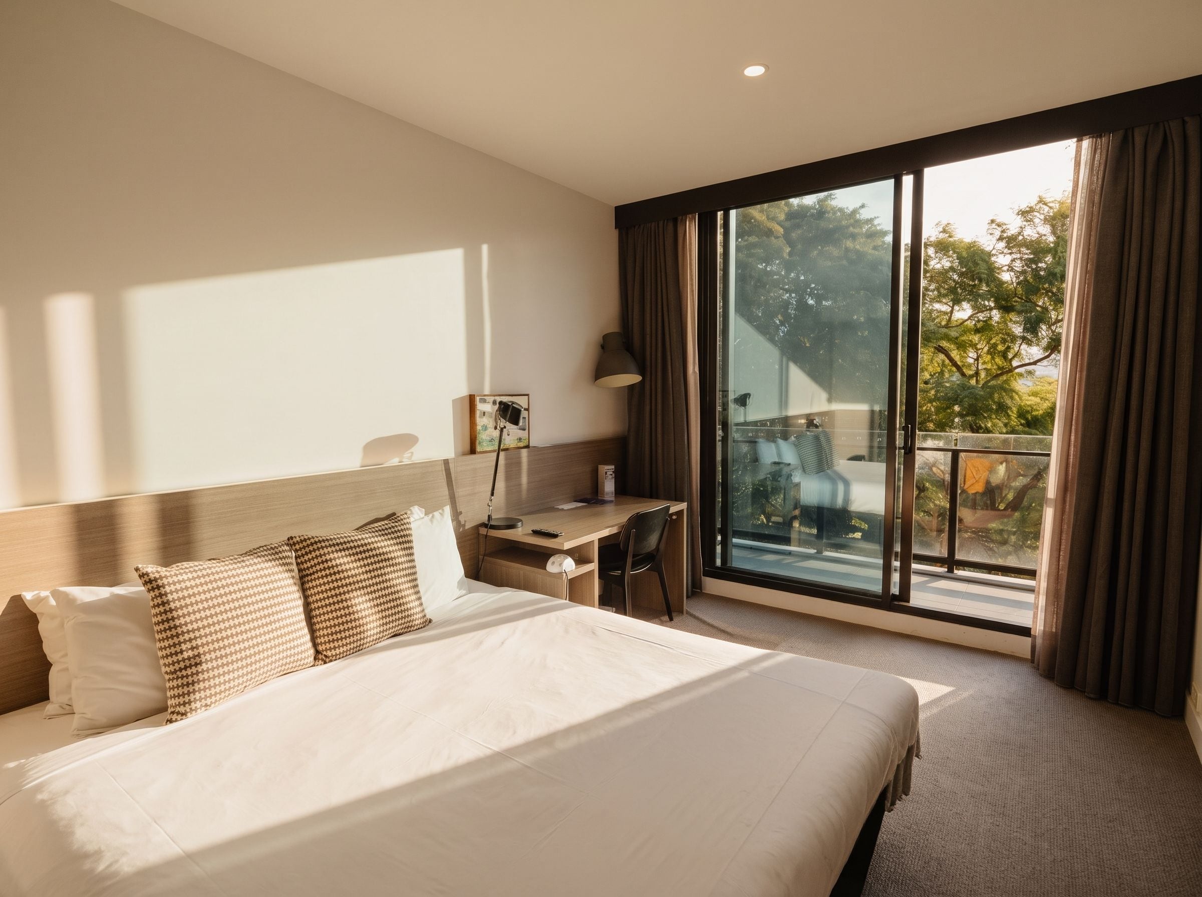 Una habitación de hotel con una cama grande, un escritorio y vistas al exterior.