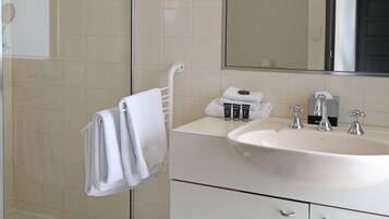 Une salle de bain dotée d’une douche à parois de verre, d’un lavabo blanc avec un miroir au-dessus, et d’un sol carrelé orné d’un motif géométrique.