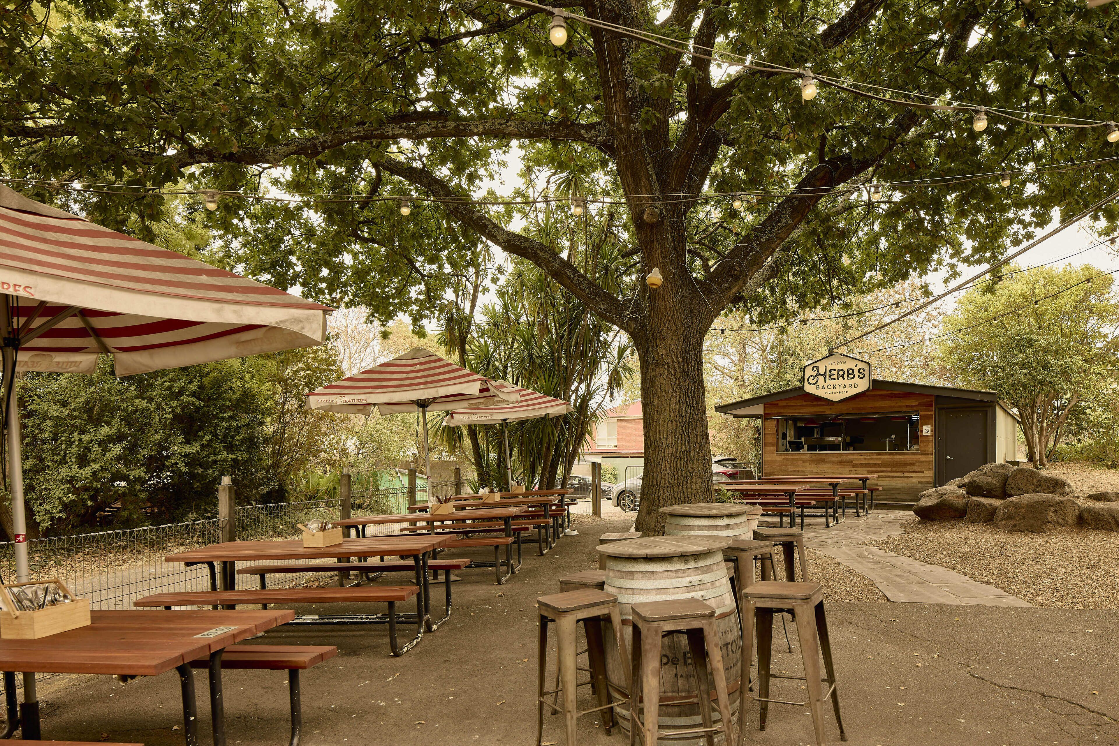 An outdoor dining area with wooden tables and benches, string lights, and a building labeled "Herbs Backyard."
