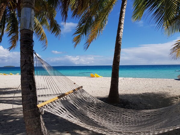 On the beach, white sand, sun-loungers, scuba diving