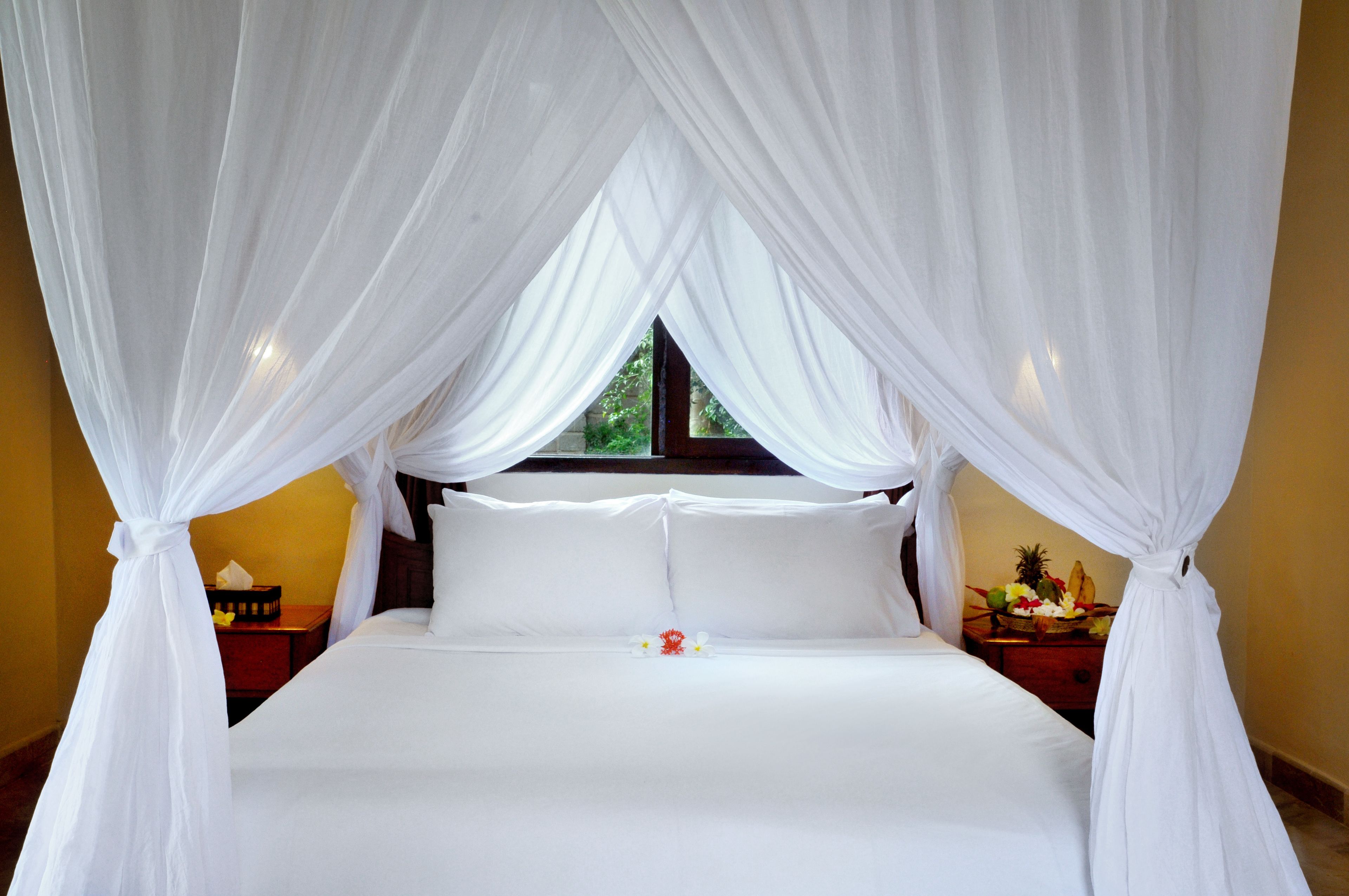 A bed with white bedding and a canopy, a wooden nightstand with a fruit basket, and a window with a view of greenery.