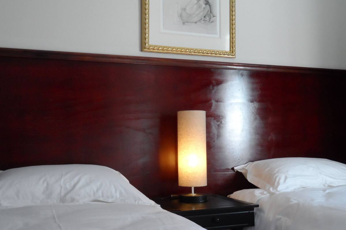 Une chambre d’hôtel avec deux lits, une table de chevet avec une lampe et un tableau encadré au mur.