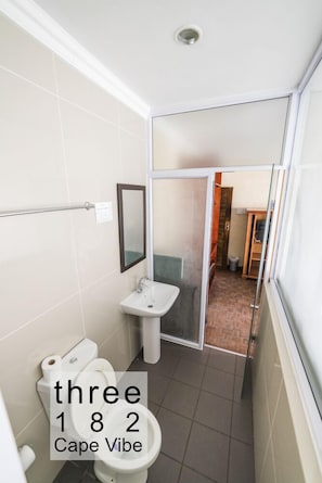 A narrow bathroom with a toilet, sink, and a glass door leading to a shower area.