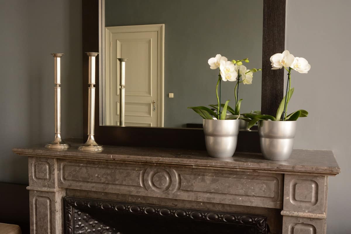 A fireplace with three potted white orchids on the mantel.