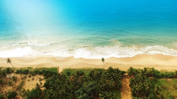 An aerial view of a beach with clear turquoise waters, sandy shore, and dense palm trees. - Ranna 212 (Kahandamodara)
