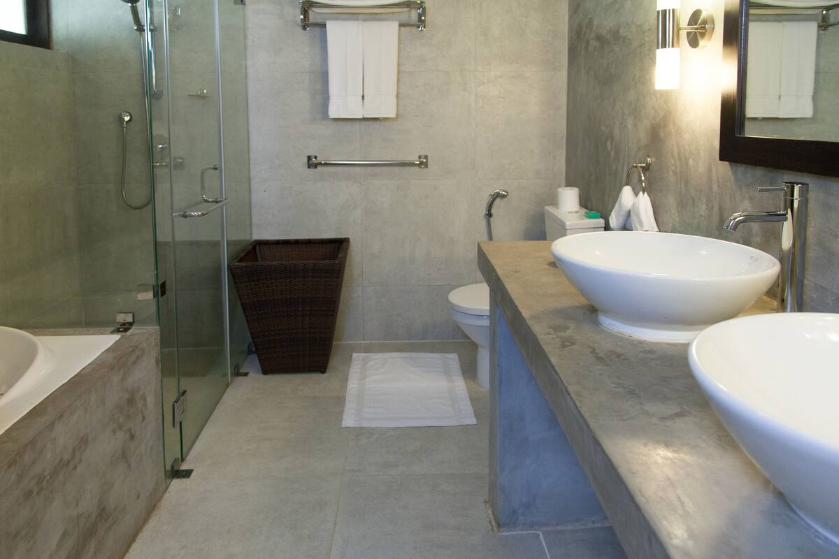 free toiletries, hair dryer, bathrobes, bidet