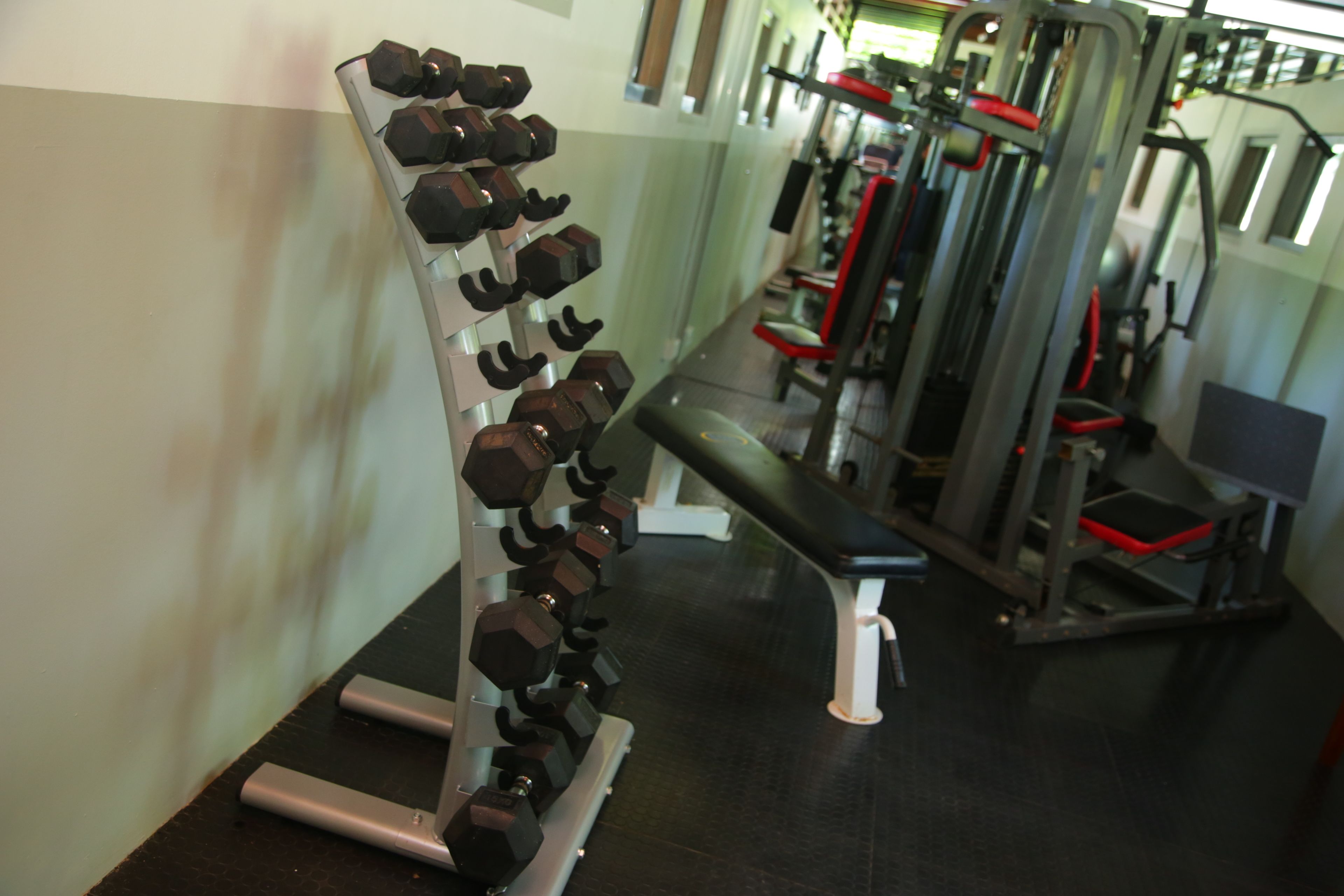 A gym with a bench and dumbbells on a rack.