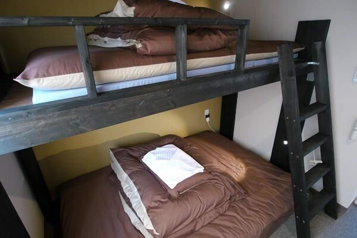 A bunk bed with a ladder, a pillow, and a blanket on the lower bunk.