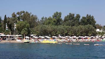 Playa privada, camastros, sombrillas y bar en la playa