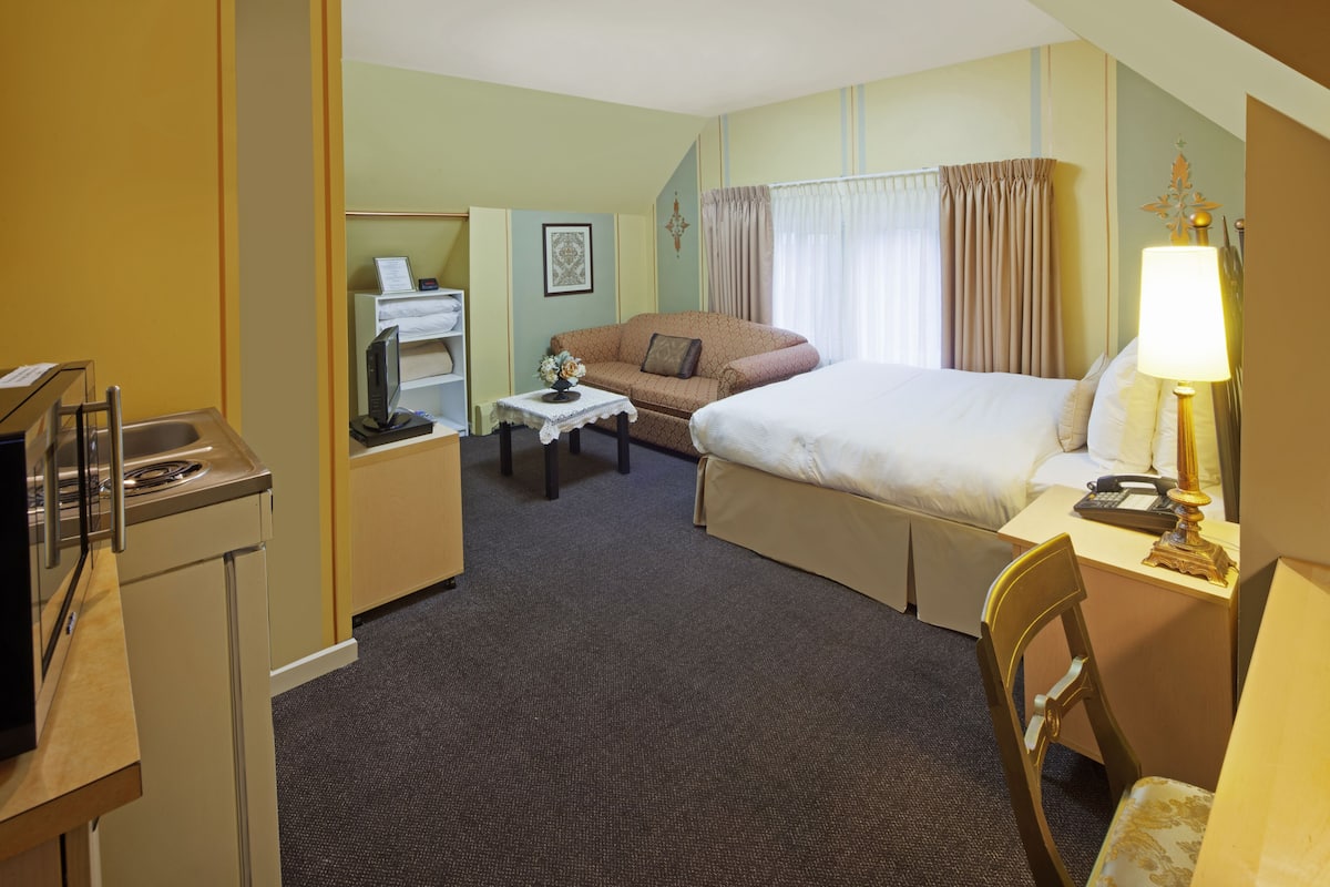 A hotel room with a bed, a desk with a lamp, a sofa, a small table with a flower vase, a television, and a kitchenette.