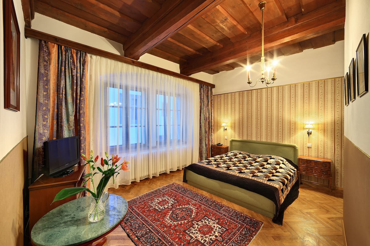 A bedroom with a bed, a TV, a table with a vase, and a patterned rug.