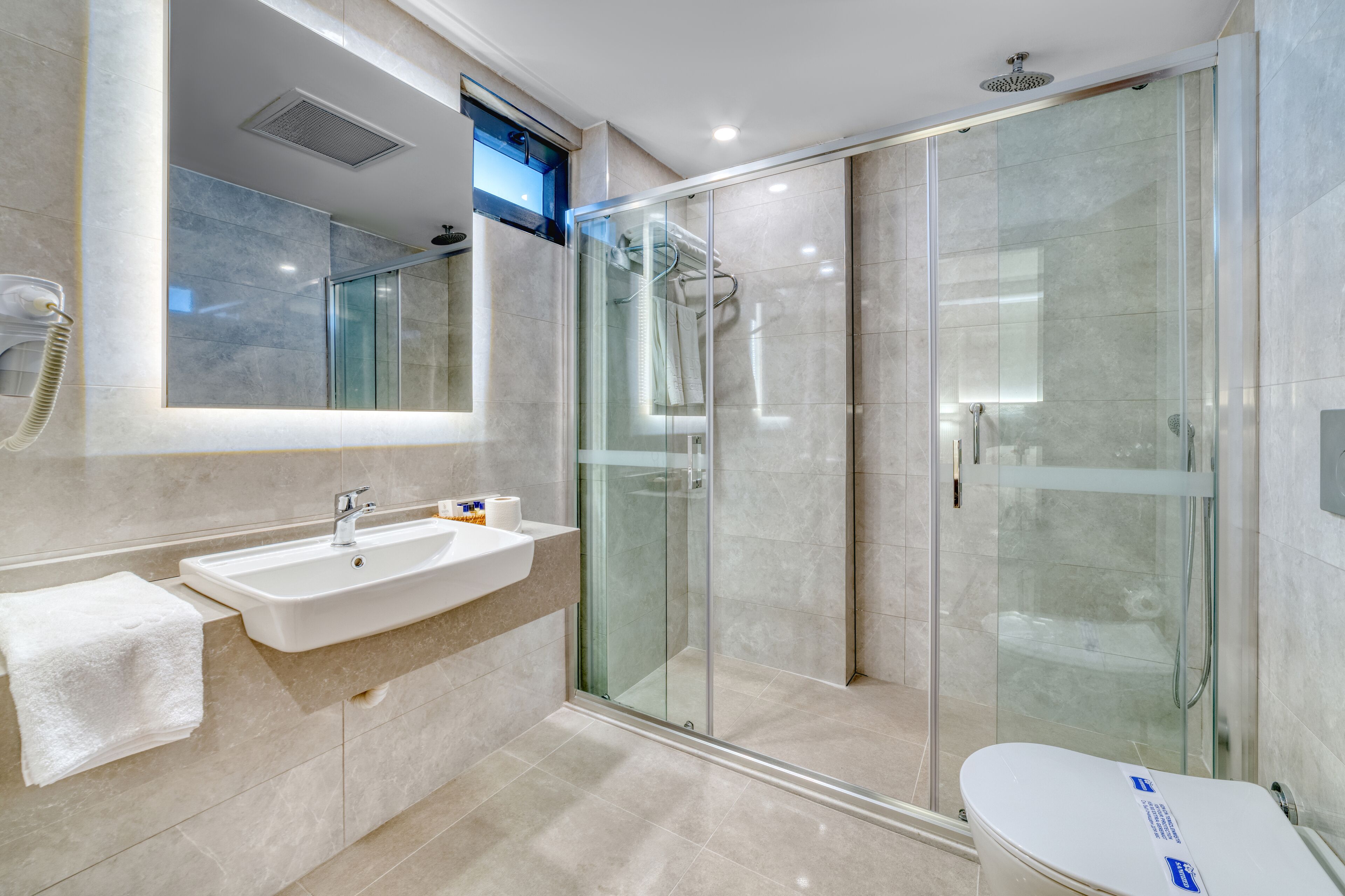 A modern bathroom with a glass-enclosed shower, a white sink, and a toilet.