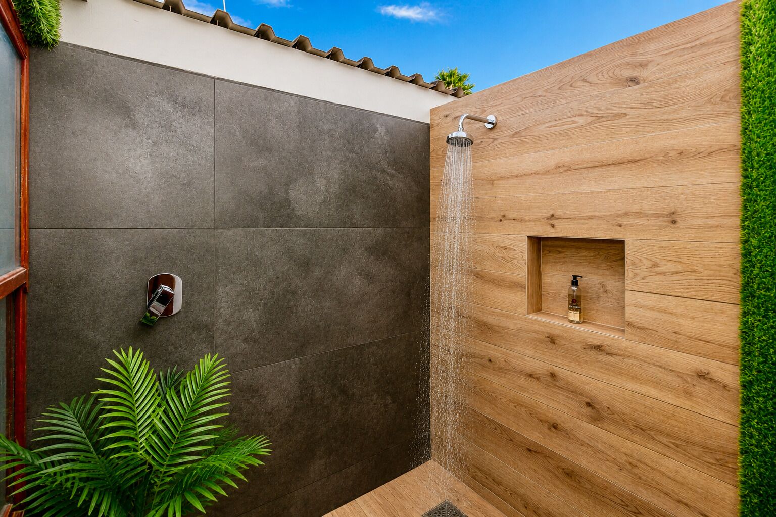 A modern shower area with a vertical water feature, a built-in shelf, and a potted plant.