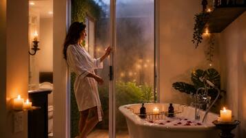A woman in a robe standing at a sliding glass door, a bathtub with candles and rose petals, and a plant on the right.