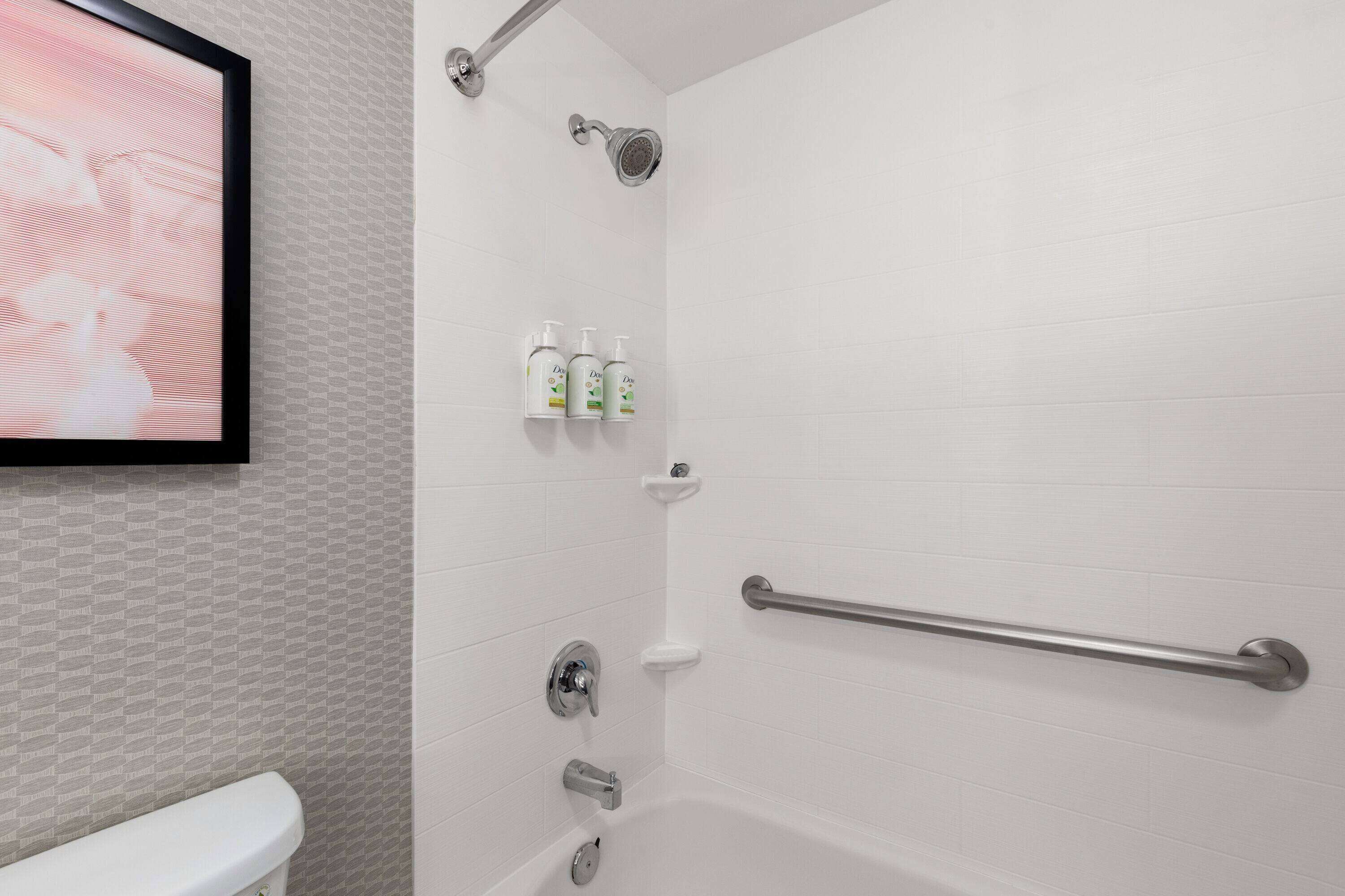 combined shower/bathtub, free toiletries, hair dryer, towels