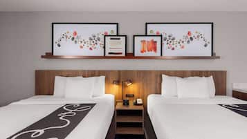 Premium bedding, pillowtop beds, desk, laptop workspace