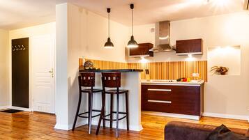 Family Apartment | Private kitchen | Fridge, stovetop, cookware/dishes/utensils, freezer