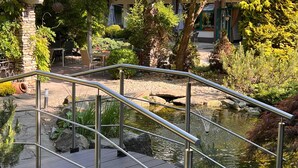 Una terraza de madera con barandillas de metal sobre un estanque, rodeada de follaje y un edificio con techo verde.