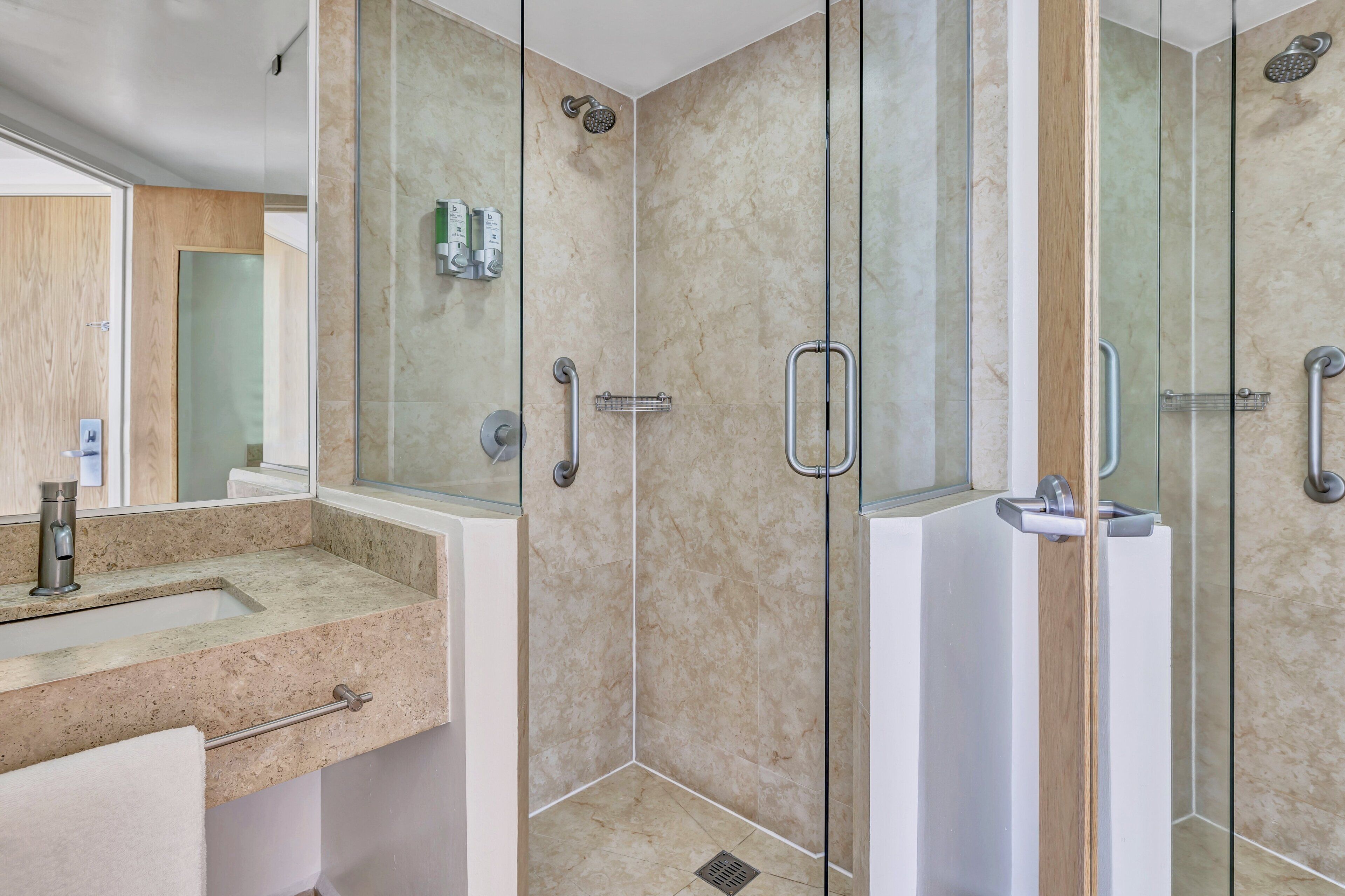 shower, free toiletries, hair dryer, towels