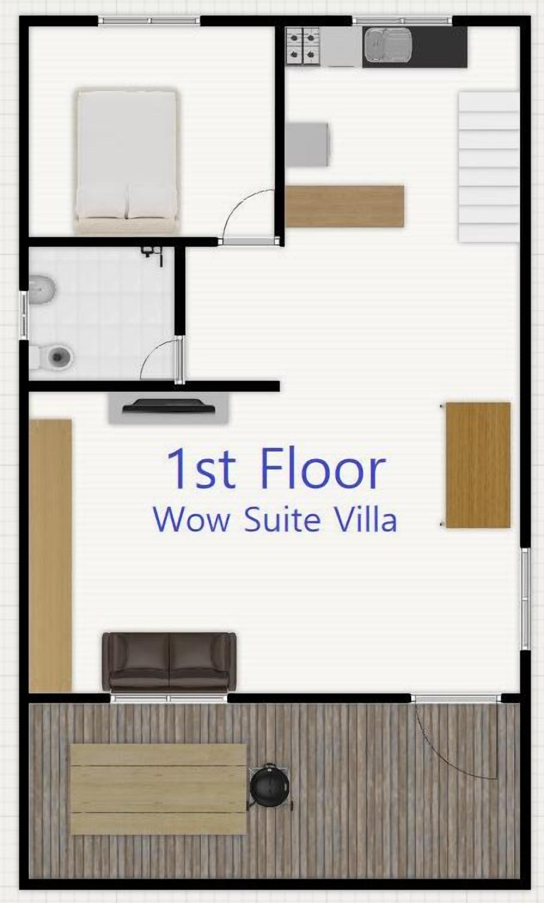 Planta baixa da Wow Suite Villa no primeiro andar, com cozinha, banheiro, sala de estar e espaço de jantar.