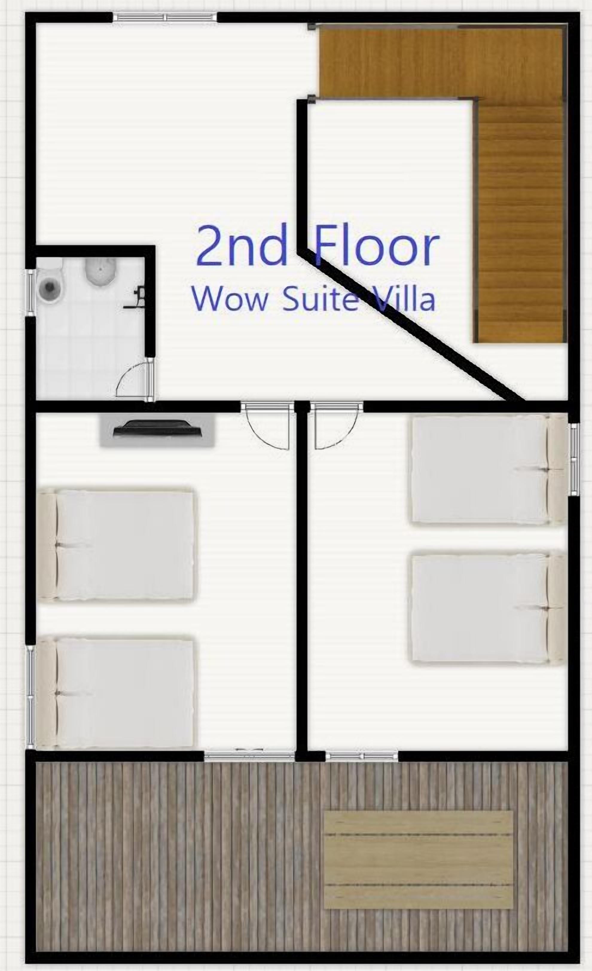 A 2nd floor layout of a Wow Suite Villa with a bathroom, two bedrooms, a living area, and a kitchen.