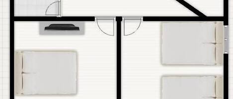 A 2nd floor layout of a Wow Suite Villa with a bathroom, two bedrooms, a living area, and a kitchen.