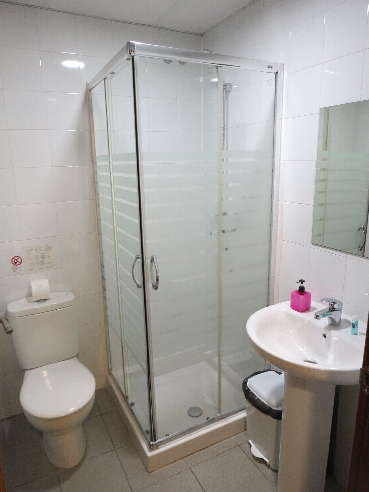 Un baño con ducha de vidrio, inodoro y lavamanos con espejo.