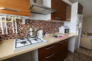 A compact kitchen with a gas stove, a microwave, and a refrigerator. - Suite Dreams Istanbul (Istanbul)