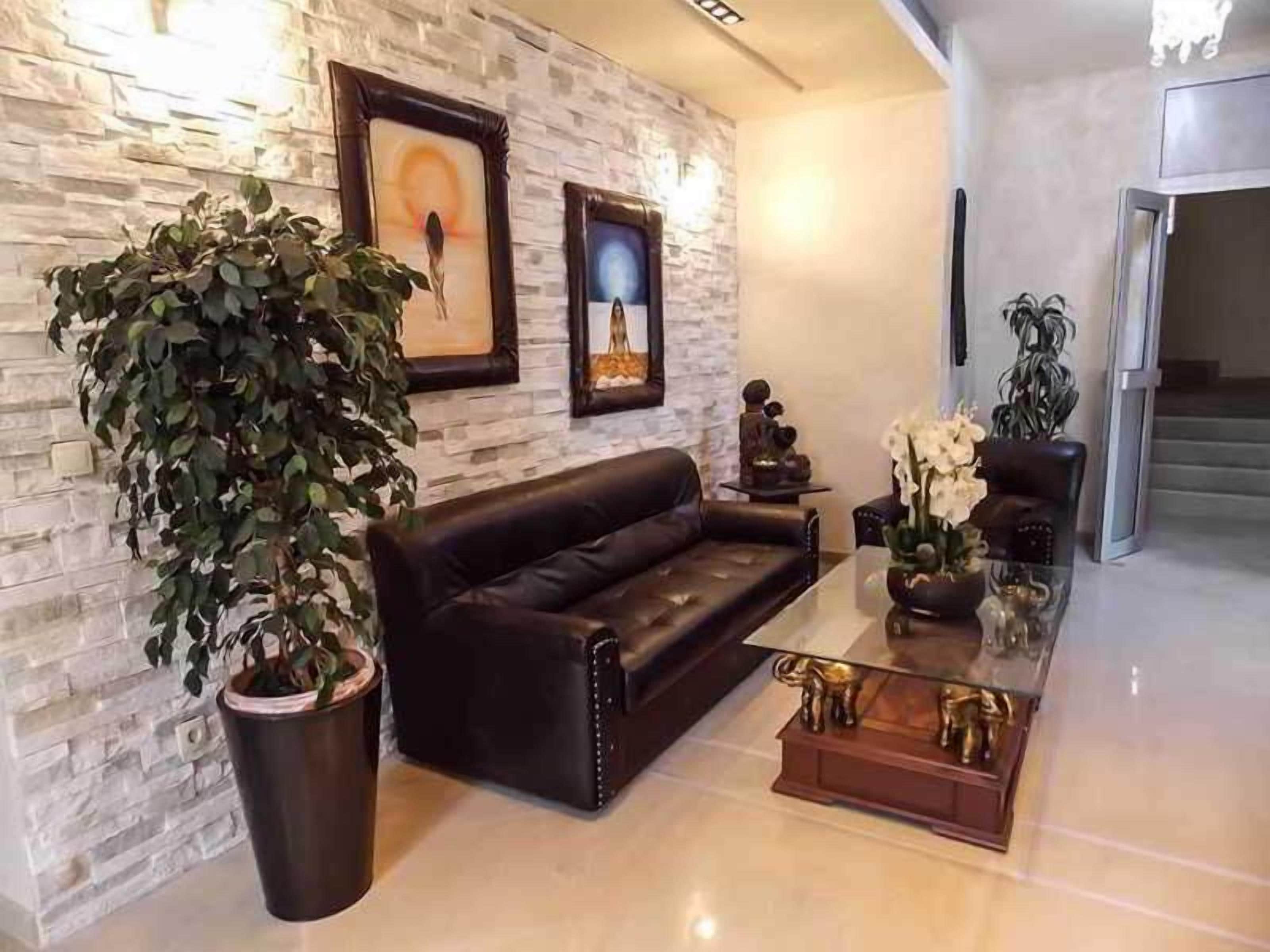 A modern living room with a leather sofa, a glass coffee table, and a large potted plant.