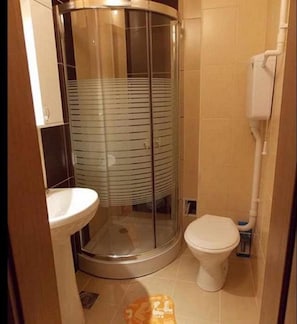 A bathroom with a glass shower enclosure, a toilet, and a sink. - Villa Dnd Niska Banja (Niš)