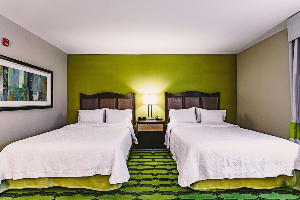 Una camera d'albergo con due letti, un comodino con una lampada e un tappeto verde a motivi.