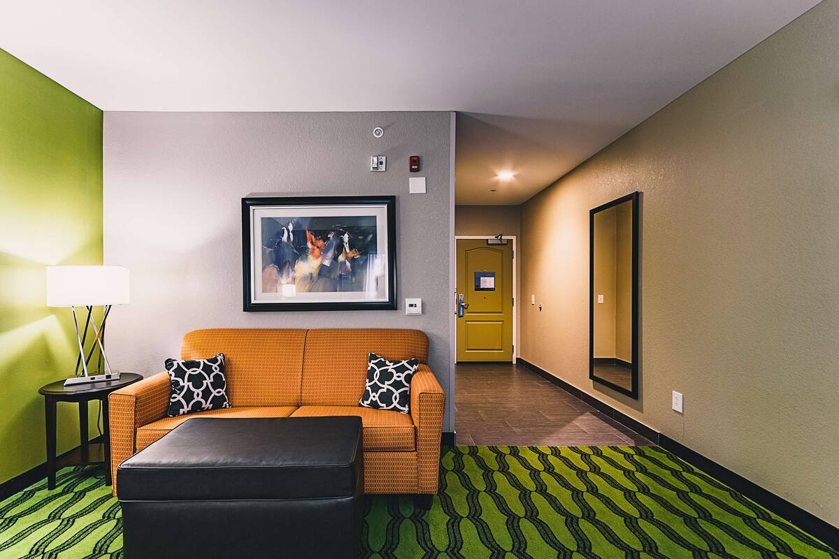 Camera d'albergo con divano, poggiapiedi nero, quadro astratto incorniciato, lampada e tappeto decorato.