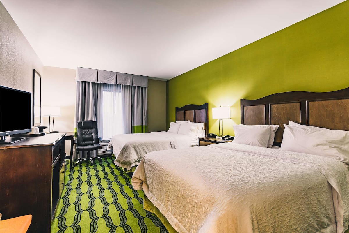 Una camera d'albergo con due letti, una scrivania con televisore, una sedia e un tappeto decorato.