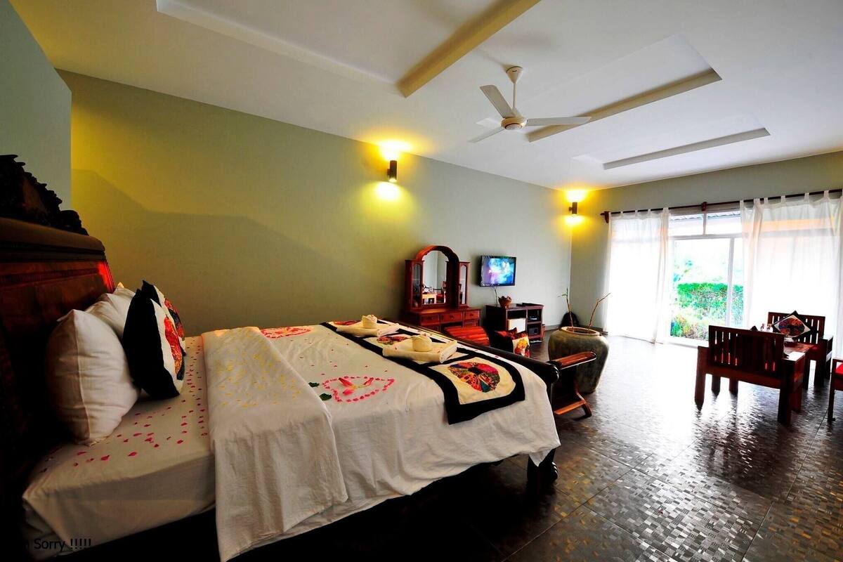 A hotel room with a bed, a desk, a chair, a ceiling fan, and a television.