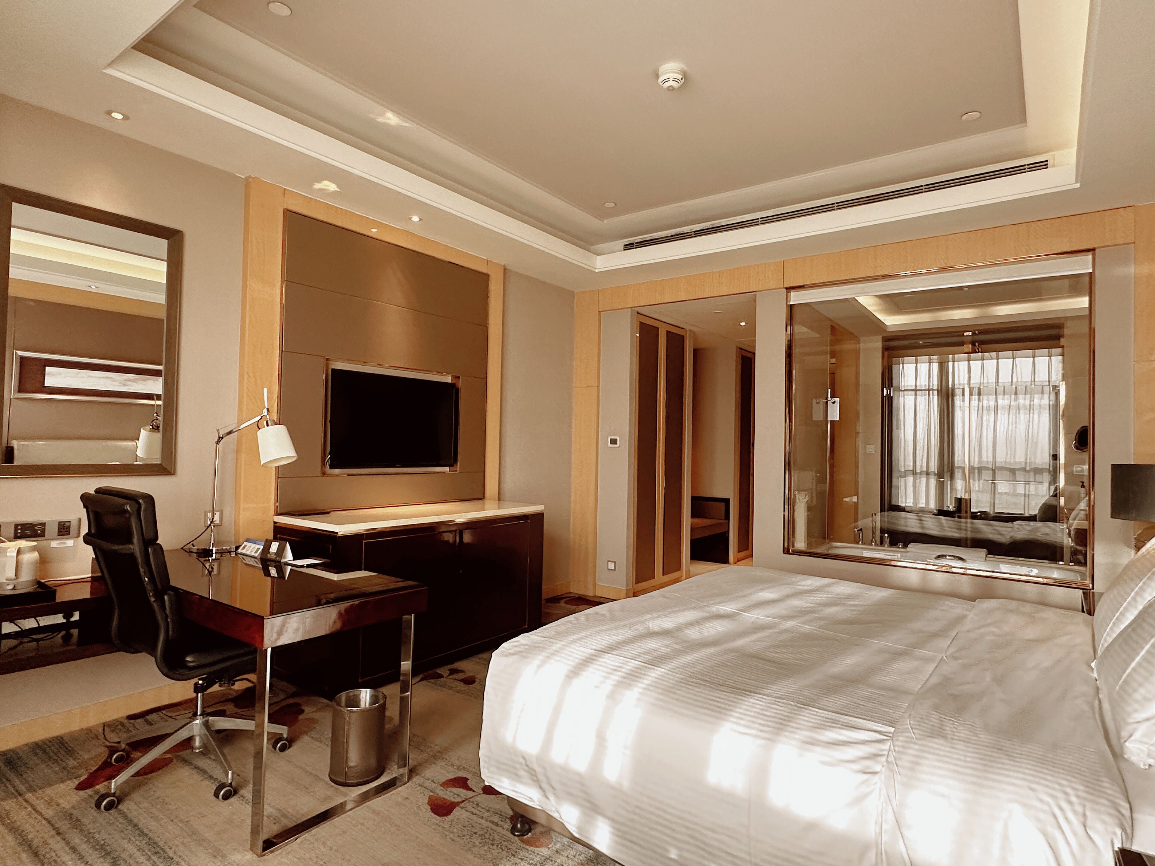 Quarto de hotel com uma cama grande, uma escrivaninha com cadeira, televisão, espelho e banheiro com chuveiro e vaso sanitário.