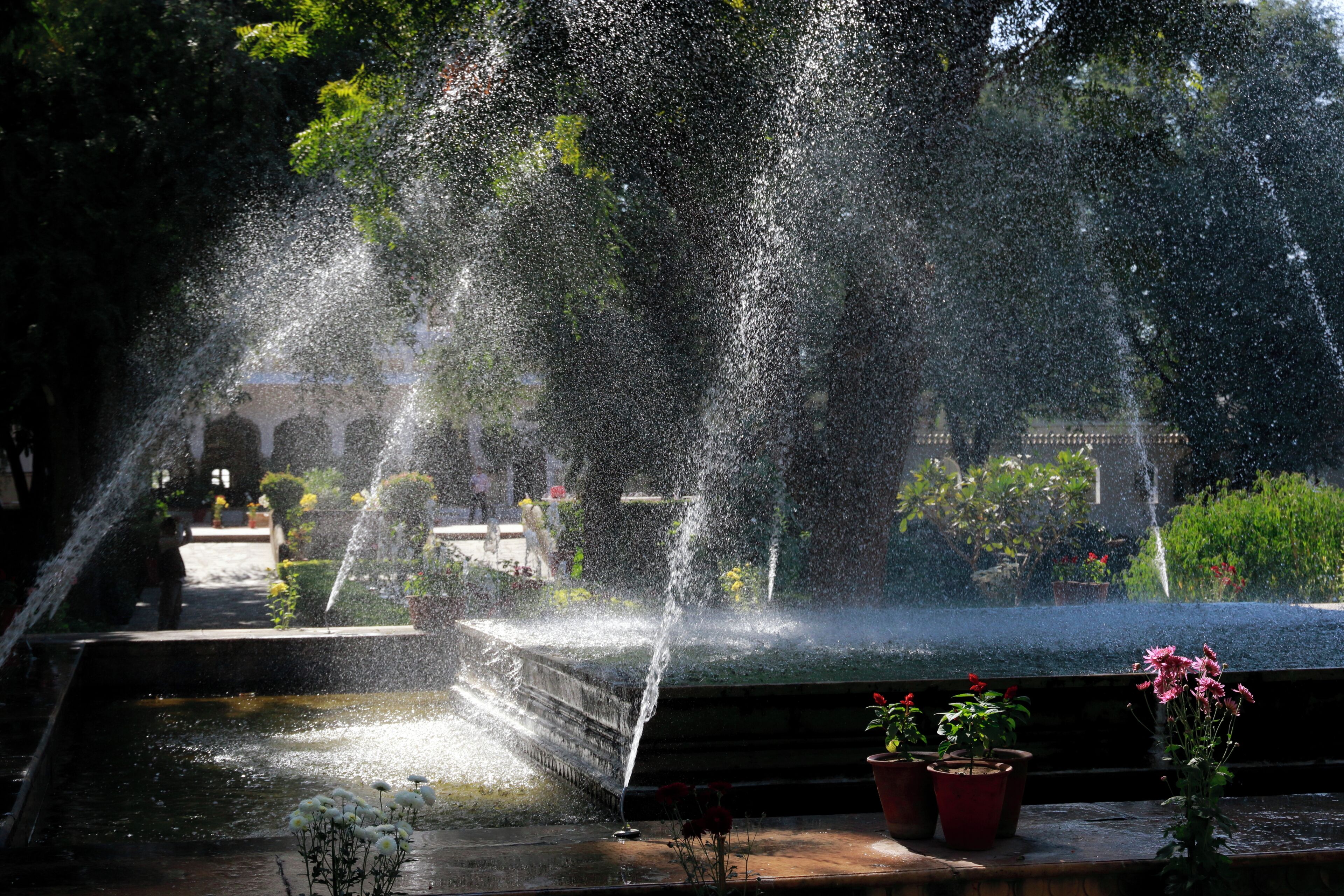 A fountain with water jets, surrounded by potted plants and a pathway.