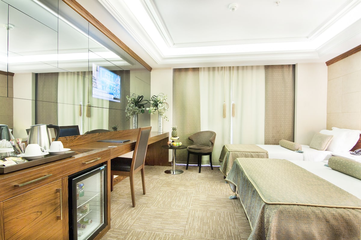 A hotel room with a bed, a desk with a refrigerator, a chair, a small table with a plant, and a television on the wall.