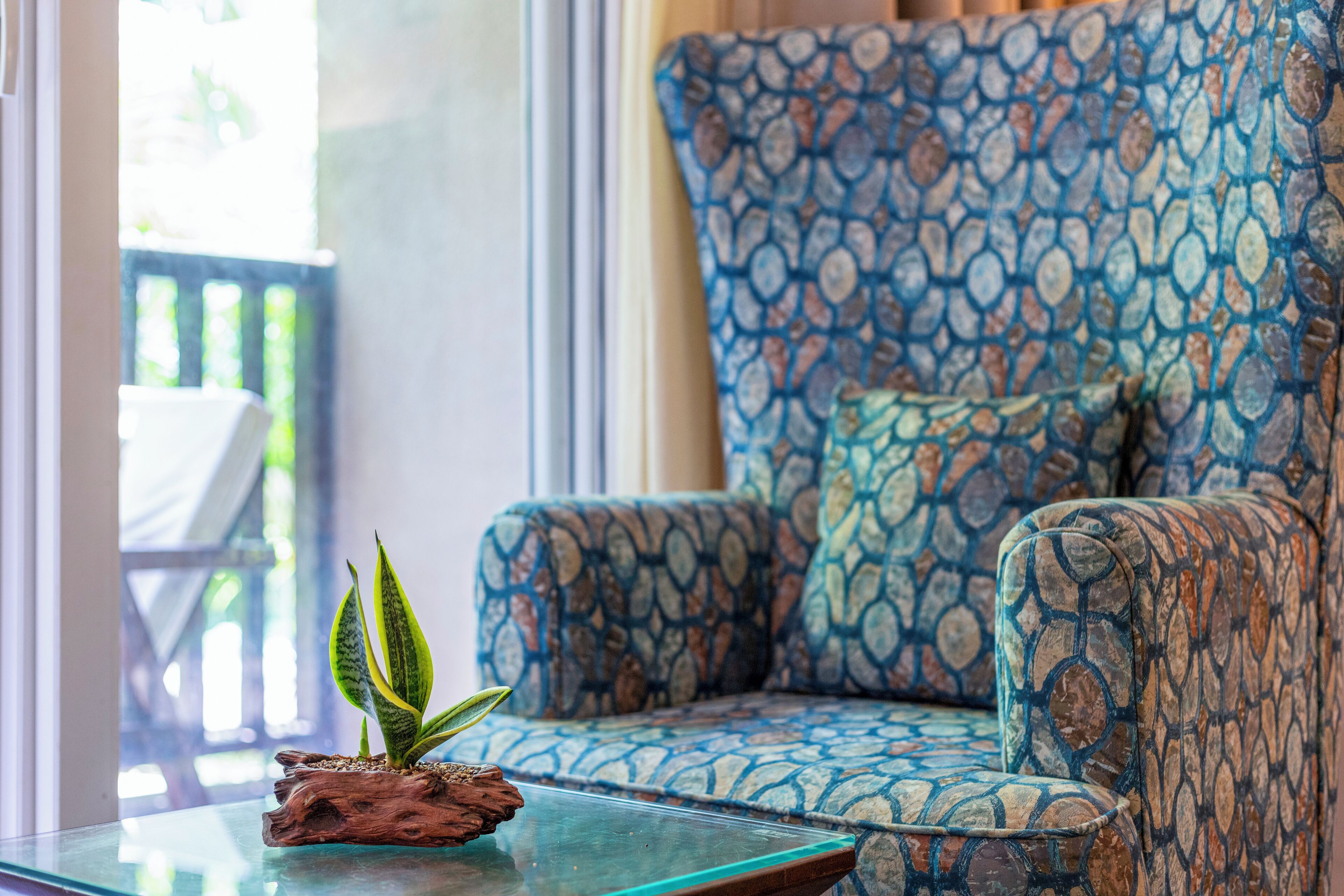 A sofa with a patterned fabric, a glass coffee table with a plant, and a view of the outdoors.