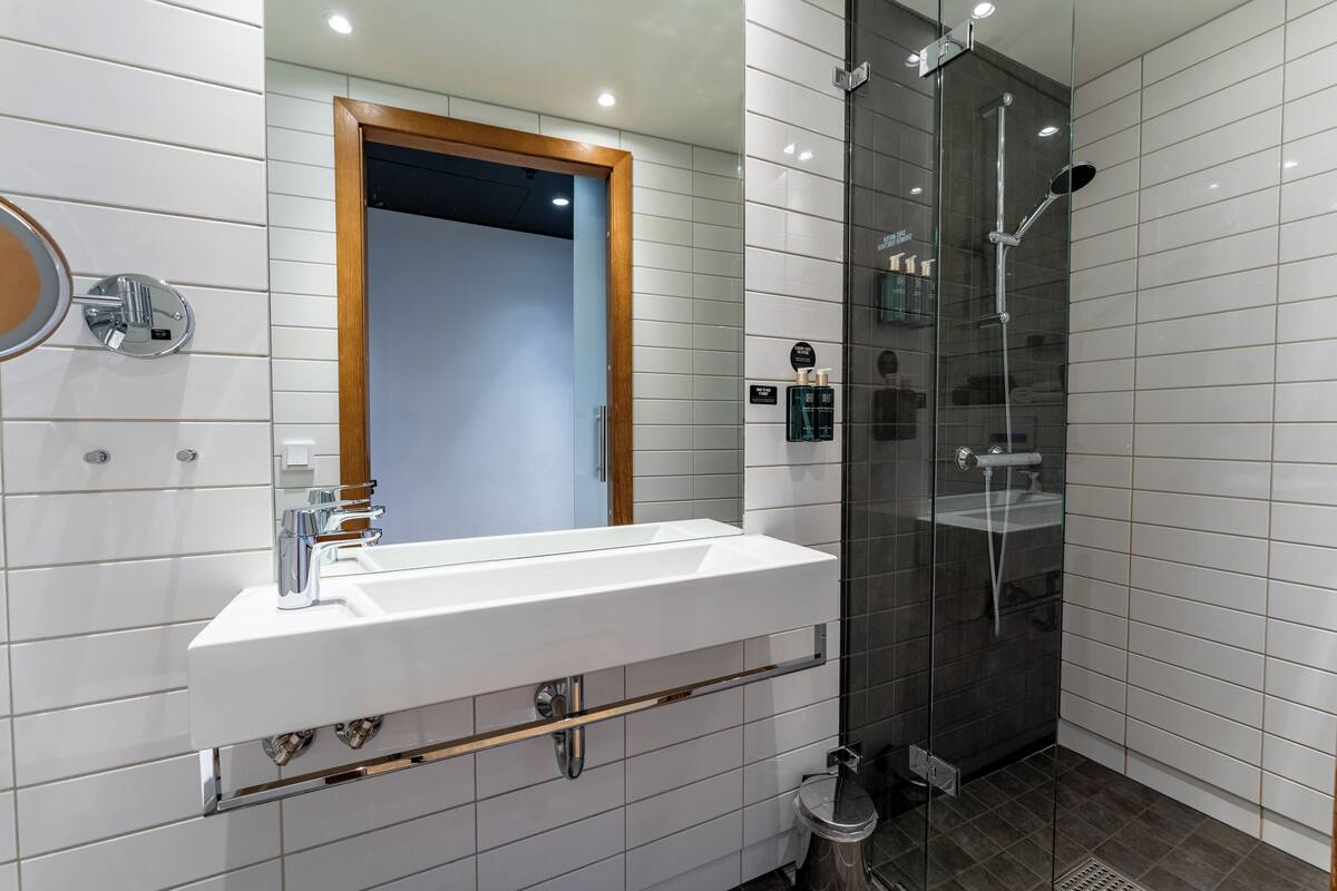 single room (compact) | bathroom | shower, hair dryer, towels