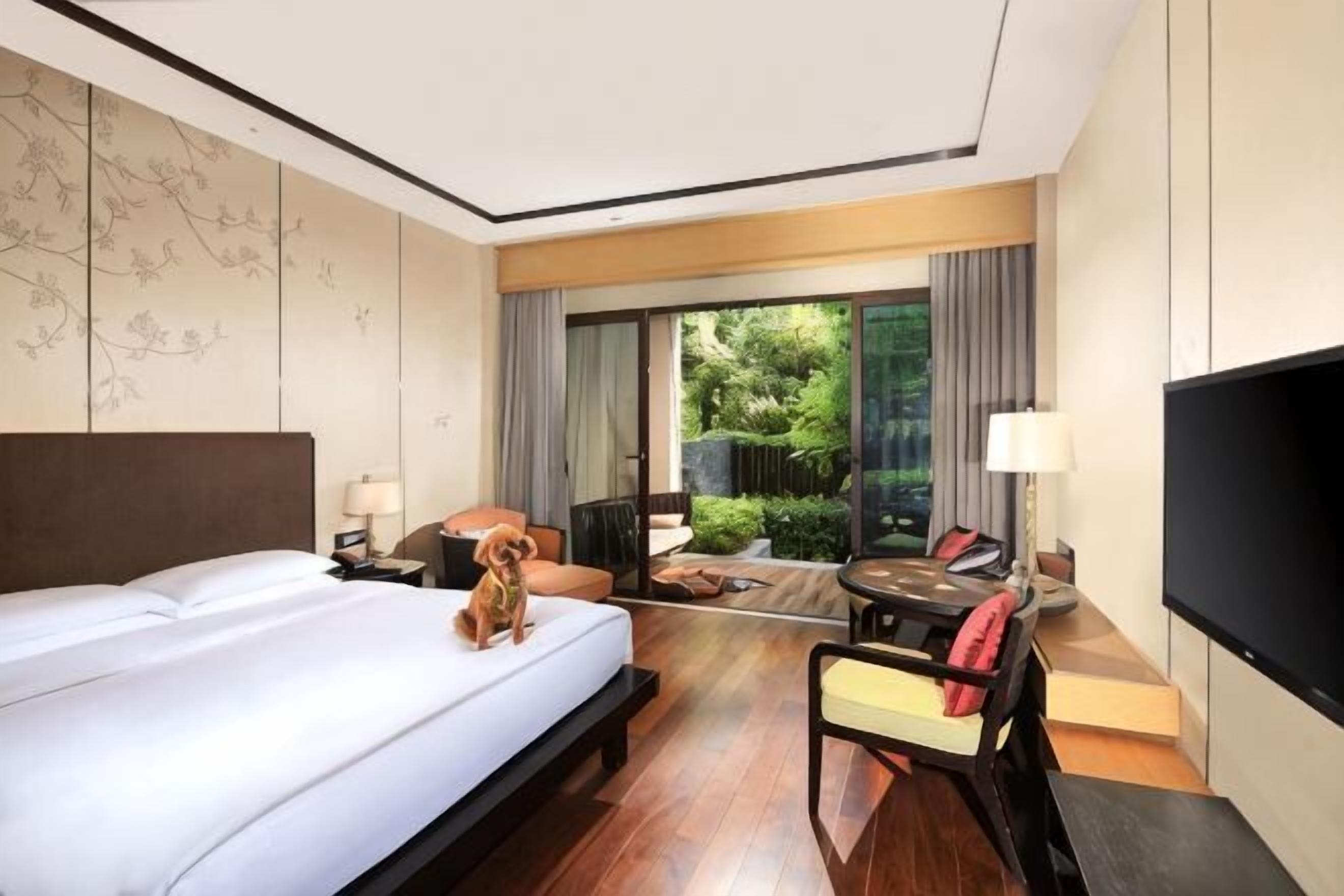 A hotel room with a large bed, a desk with a chair, a TV, and a view of a garden through a sliding door.