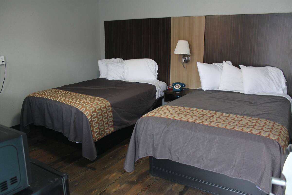 A hotel room with two beds, each with a patterned bedspread, a bedside table with a lamp, and a television in the corner.