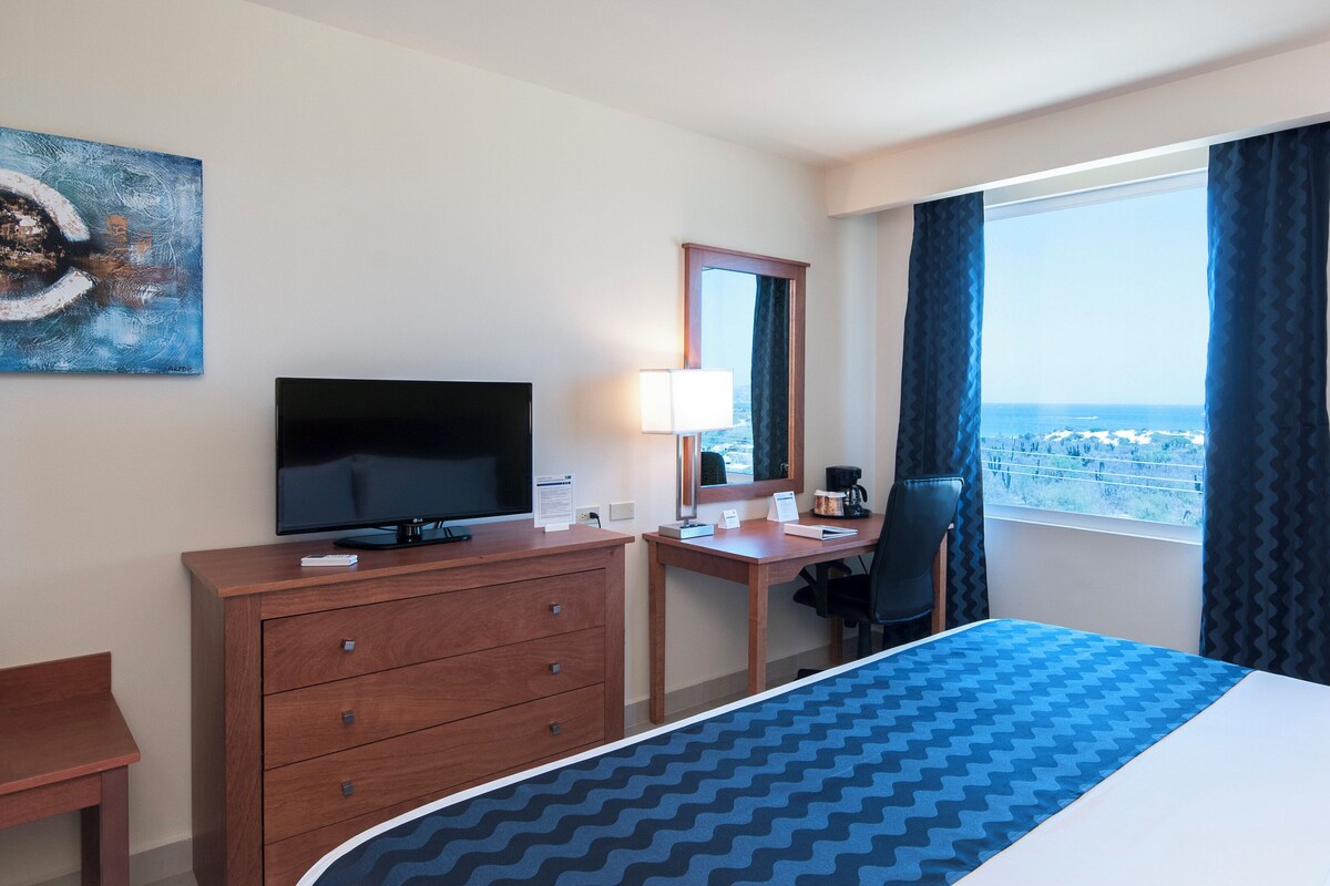 A hotel room with a bed, a desk, a television, a coffee maker, and a window with a view.