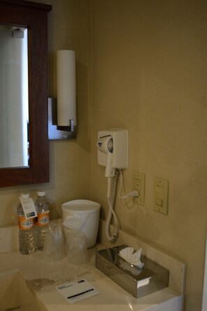 A bathroom with a hairdryer, a mirror, a sink, and toiletries. - Holiday Inn Express Cabo San Lucas by IHG (Cabo San Lucas)
