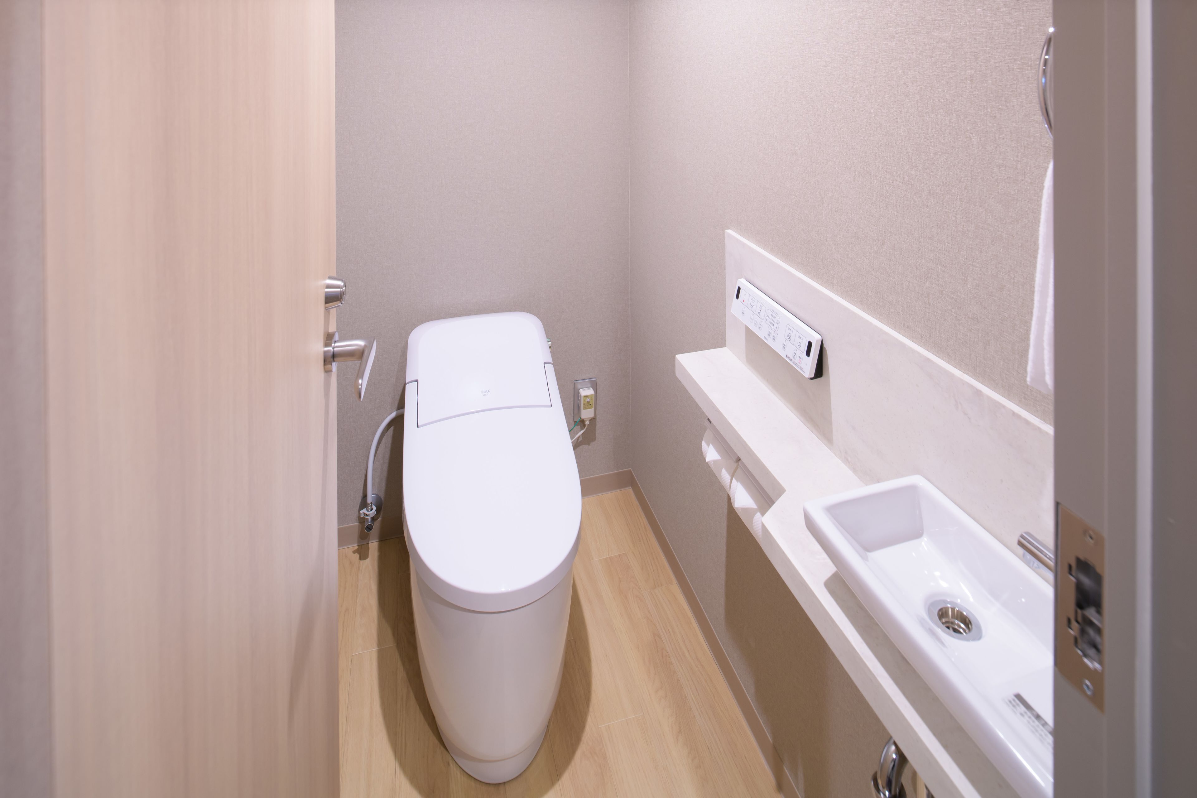 A compact bathroom with a white toilet, a sink, and a mirror.