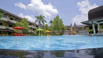 Outdoor pool, pool umbrellas, pool loungers