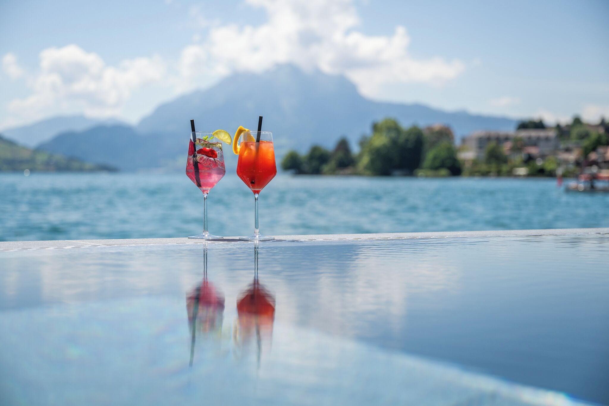 seasonal outdoor pool, pool umbrellas, pool loungers